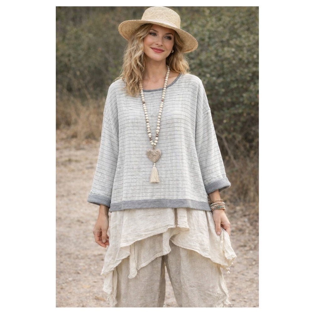 Comfy USA cotton gauze top‎ blouse Size L gray boxy lagenlook stripe long sleeve